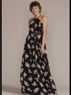 DB Studio Floral chiffon halter A-line maxi dress Black Wedding Party Guest